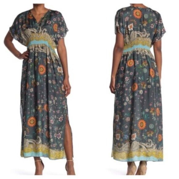 NWT Johnny Was Baize Silk Maxi Floral Dress S Multi Slip Vneck Smocked Slit - Picture 4 of 13